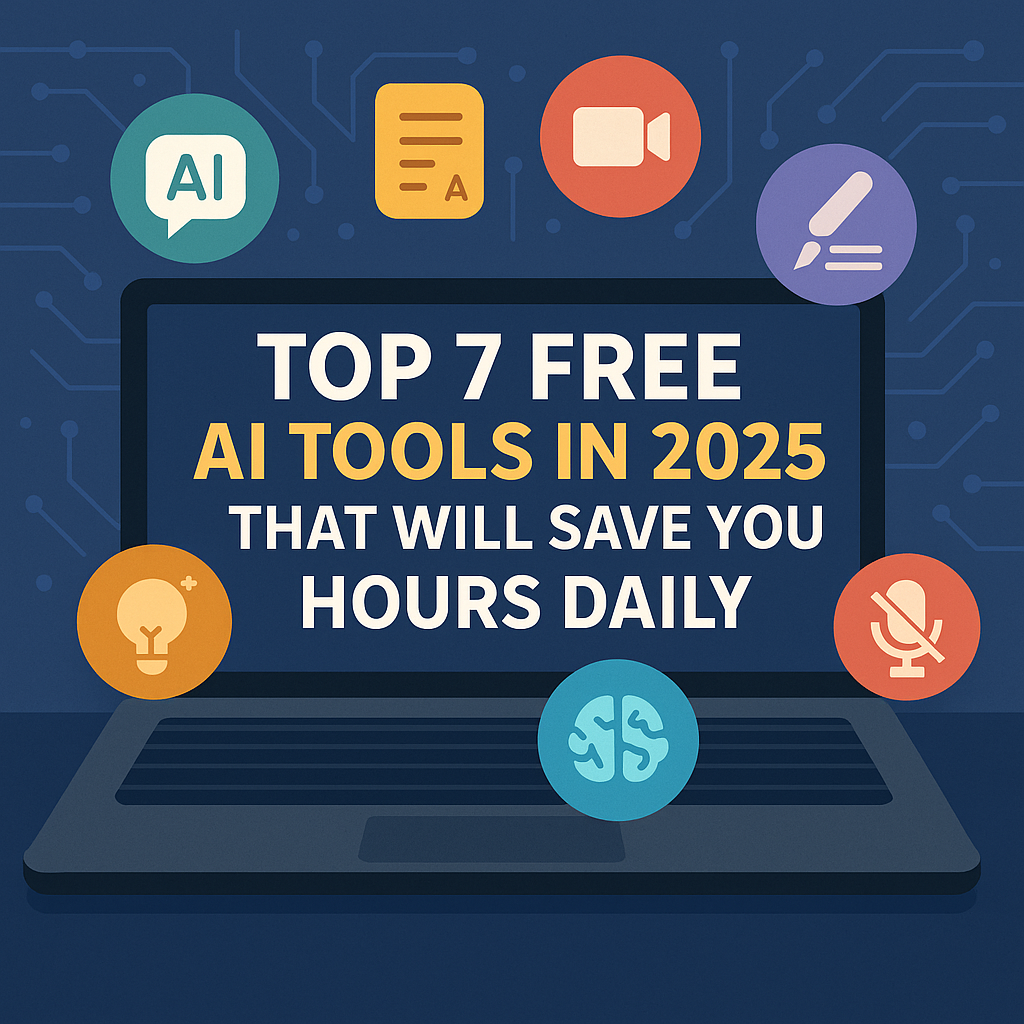 Flat-style digital illustration showing a laptop screen with the text “Top 7 Free AI Tools in 2025 That Will Save You Hours Daily”, surrounded by icons representing AI writing, video, design, voice, and productivity tools, over a tech-themed blue background.