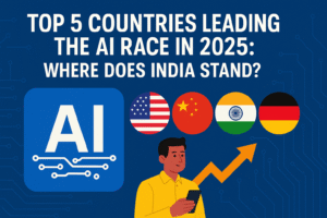 2D digital graphic showing national flags of USA, China, India, and Germany with a bold AI icon, circuit background, and an Indian man holding a mobile device under an upward orange arrow — highlighting India’s rise in the AI race 2025.