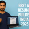Young Indian professional holding a laptop with AI resume builder interface visible – 2025 blog thumbnail