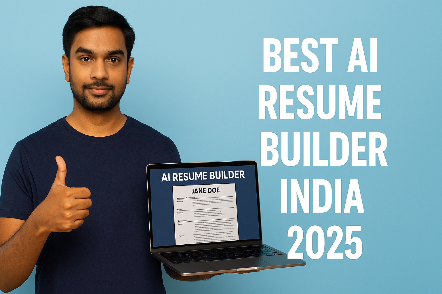 Young Indian professional holding a laptop with AI resume builder interface visible – 2025 blog thumbnail