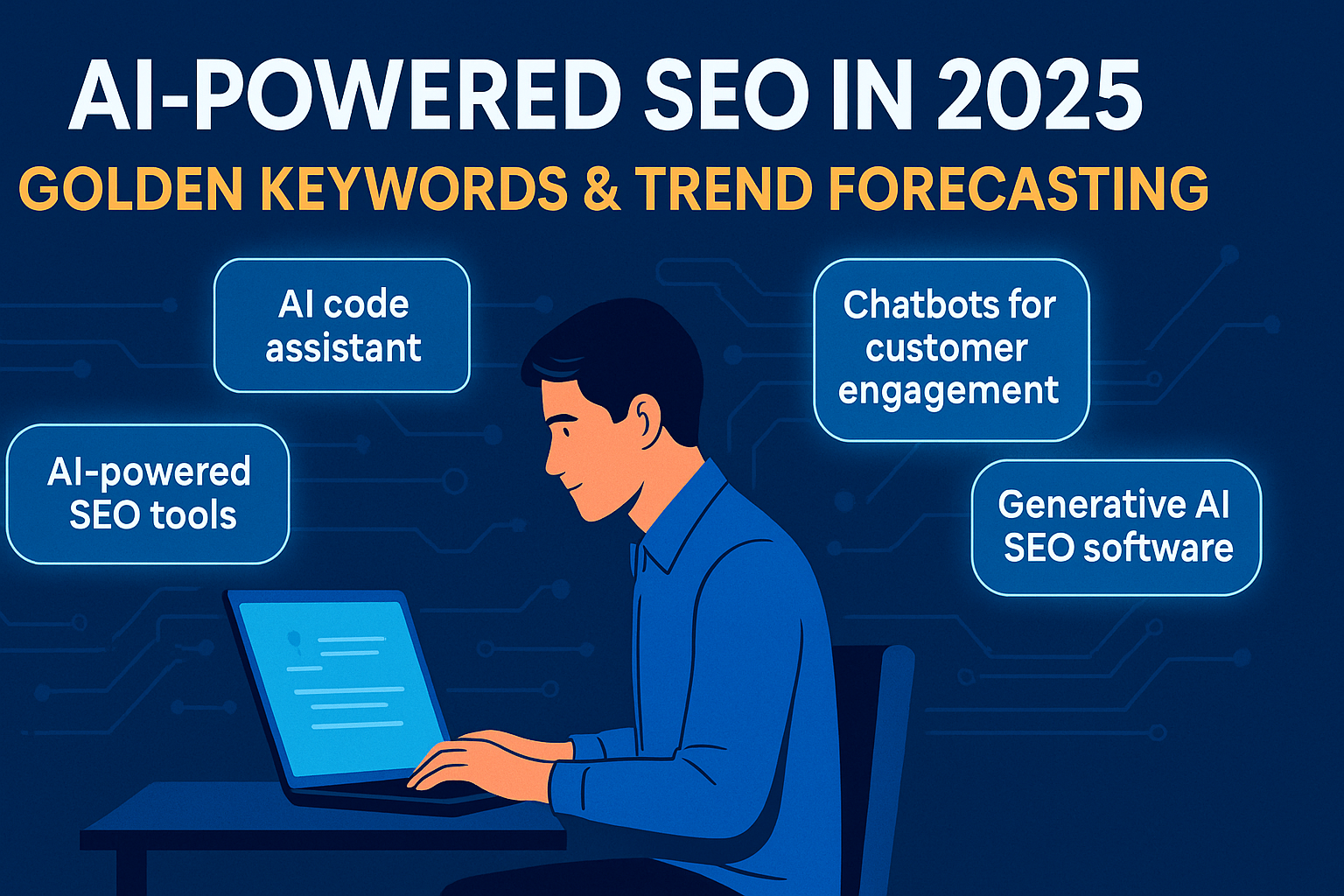 Digital illustration of a man working on a laptop surrounded by glowing SEO-related keywords like "AI code assistant", "AI-powered SEO tools", "chatbots for customer engagement", and "generative AI SEO software", representing AI SEO trend forecasting in 2025.