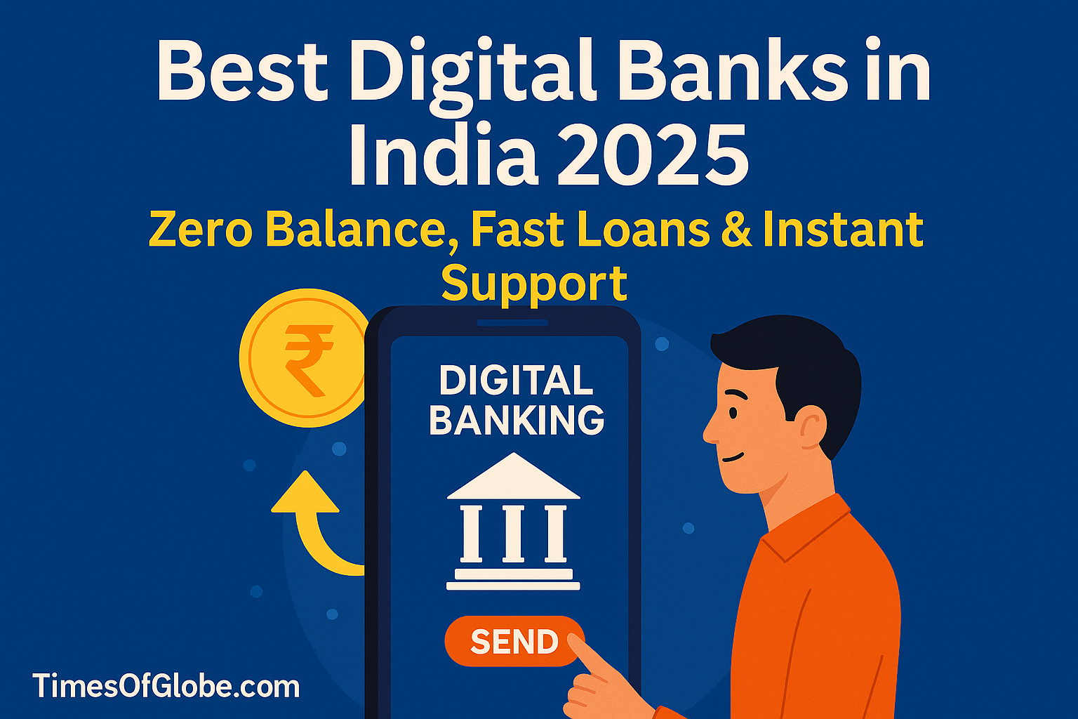 A flat-style digital illustration showing a young Indian man using a smartphone with a digital banking interface, Rupee symbol, and upward arrow, representing the best digital banks in India 2025 offering zero balance, fast loans, and instant support.