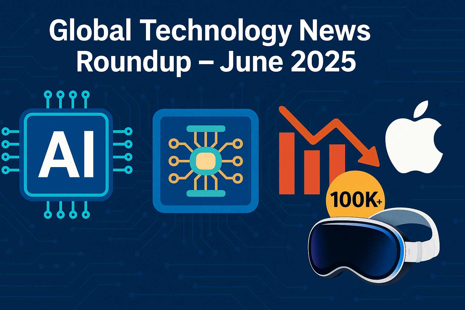 Digital illustration showing global tech icons, AI circuits, quantum computer chips, layoff statistics, and Apple’s Vision Pro—summarizing June 2025's major technology events.