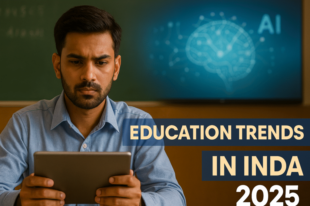 Young Indian male student in a modern classroom environment preparing for competitive exams