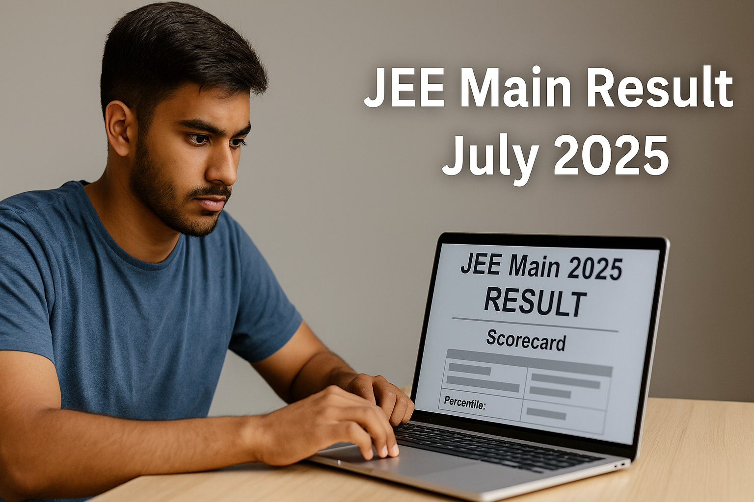 Student checking JEE Main 2025 result on a laptop with scorecard visible