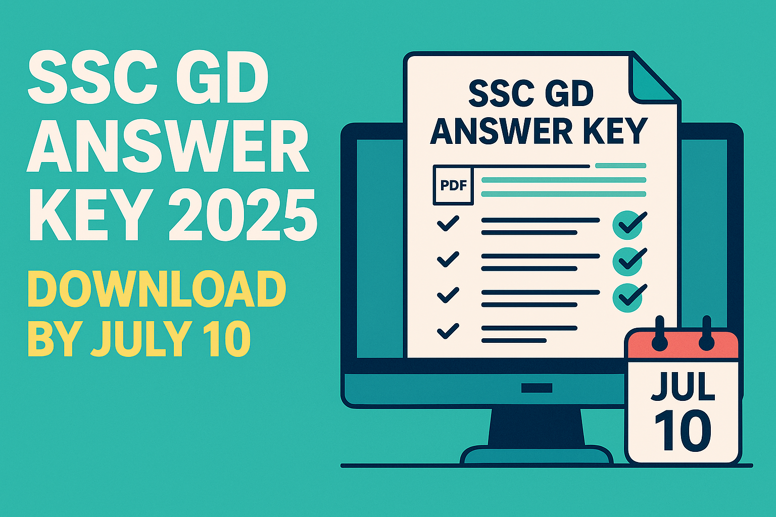 2D digital illustration announces the release of the SSC GD Answer Key 2025, featuring a PDF on a computer screen and a calendar showing the July 10 deadline on a turquoise background.