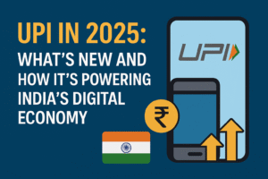 Illustration of smartphone showing UPI logo with Indian Rupee symbol and arrows rising, symbolizing digital payment growth in India 2025