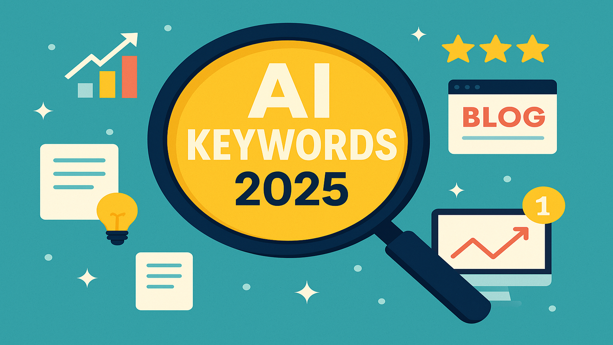 Flat-style digital illustration showing a magnifying glass over “AI Keywords 2025” surrounded by icons like charts, blogs, and ranking stars.
